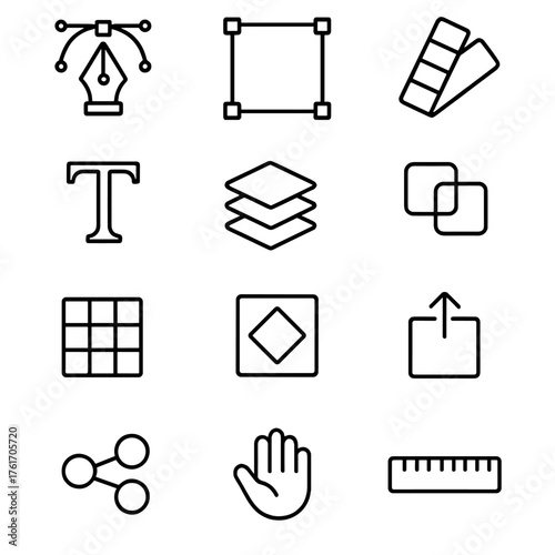 Набор иконок инструментов. Outline icon set of design tools setup: vector pen, artboard, color palette, type
