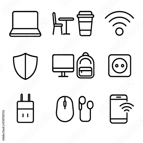 Travel Coffee Icons. Outline icon set of travel or coffee shop setup: laptop, cafe table, takeaway cup, public