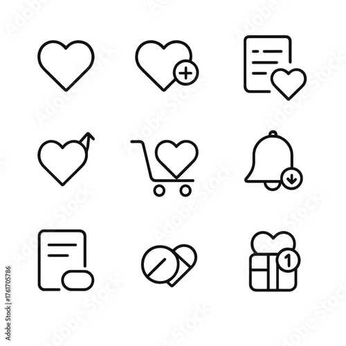 Wishlist Icons Set. Outline icon set of wishlist and favorites: heart outline, add to wishlist, remove