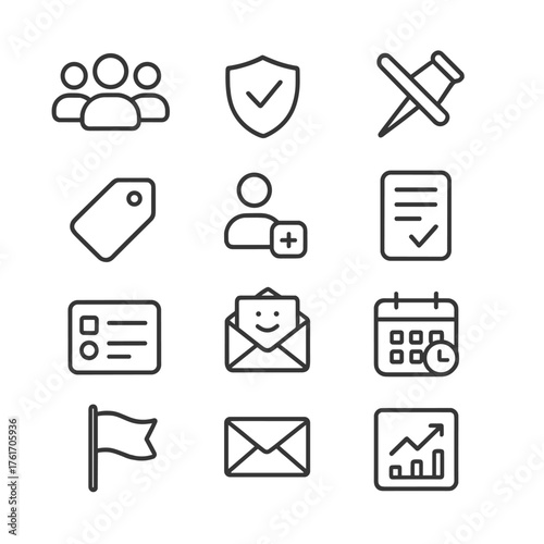 Community Management Icons. Outline icon set of mobile marketing: app icon, install badge, onboarding screens,