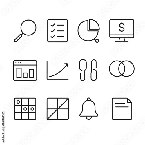 Competitor Analysis Icons. Outline icon set of competitor analysis: spyglass, competitor list, share of voice,