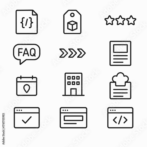 Schema Icon Set. Outline icon set of schema markup: JSON-LD, product schema, review stars, FAQ schema,