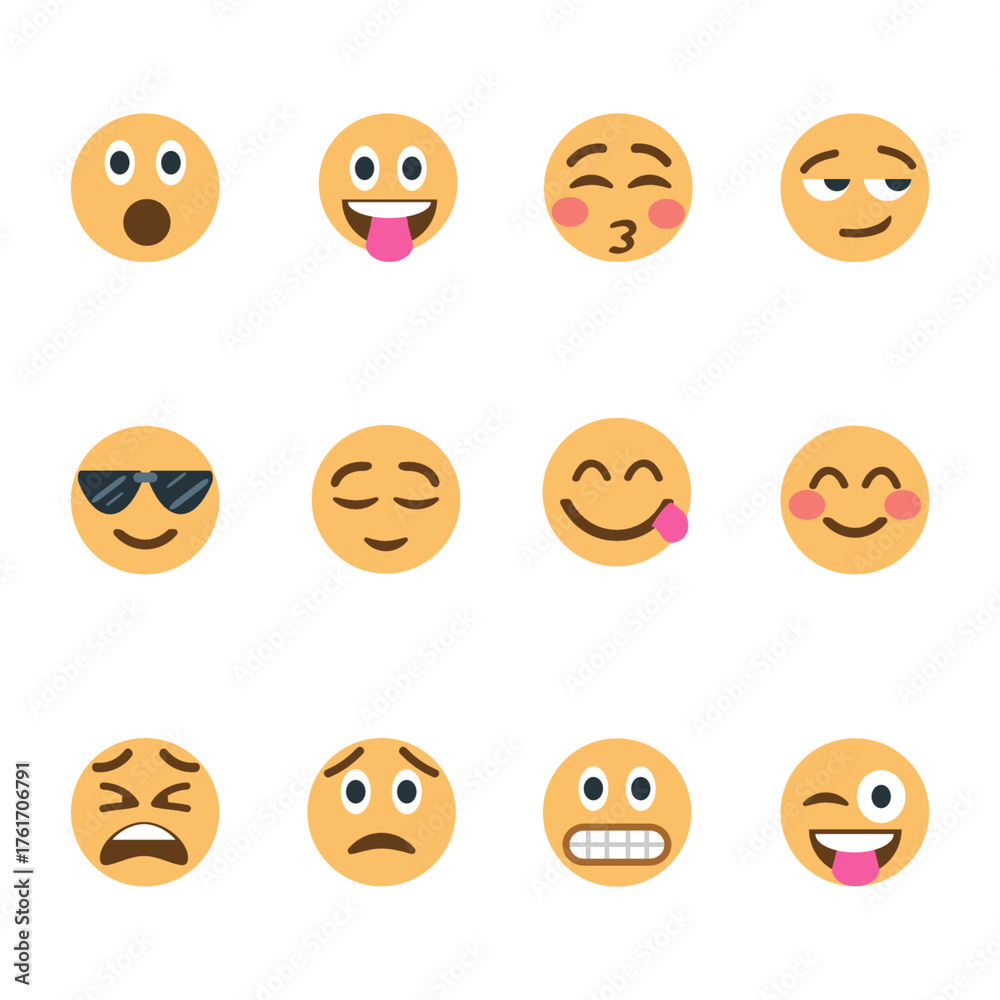 Fototapeta premium Emoji or emoticon icons with a variety of facial expressions. Perfect for communication illustrations and social media designs.