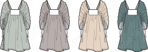 Diverse Tunic Dress Lineup Fashion Design Renderings Showcasing Pleated, Square-Neck Garments in Varying Shades