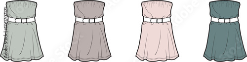 Collection of four fashionable strapless dresses with elegant white belts, showcasing a variety of pastel hues for a chic wardrobe