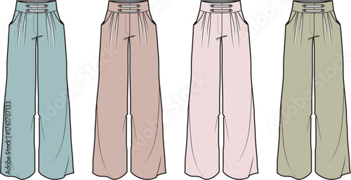 Contemporary Collection of Women's Fashion Pants Featuring High-Waisted, Wide-Leg Silhouette, Presented in Four Complementary Soft Tones for Versatile Styling Options