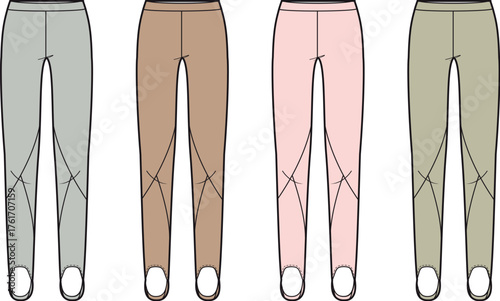 Line art of a set of four different colored stirrup leggings, a fashion apparel design concept