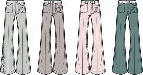 Collection of four pairs of flared jeans in different pastel colors, displayed on a white background