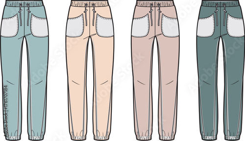 Fashion illustration of various sweatpants with pocket designs in pastel colors, ideal for casual wear