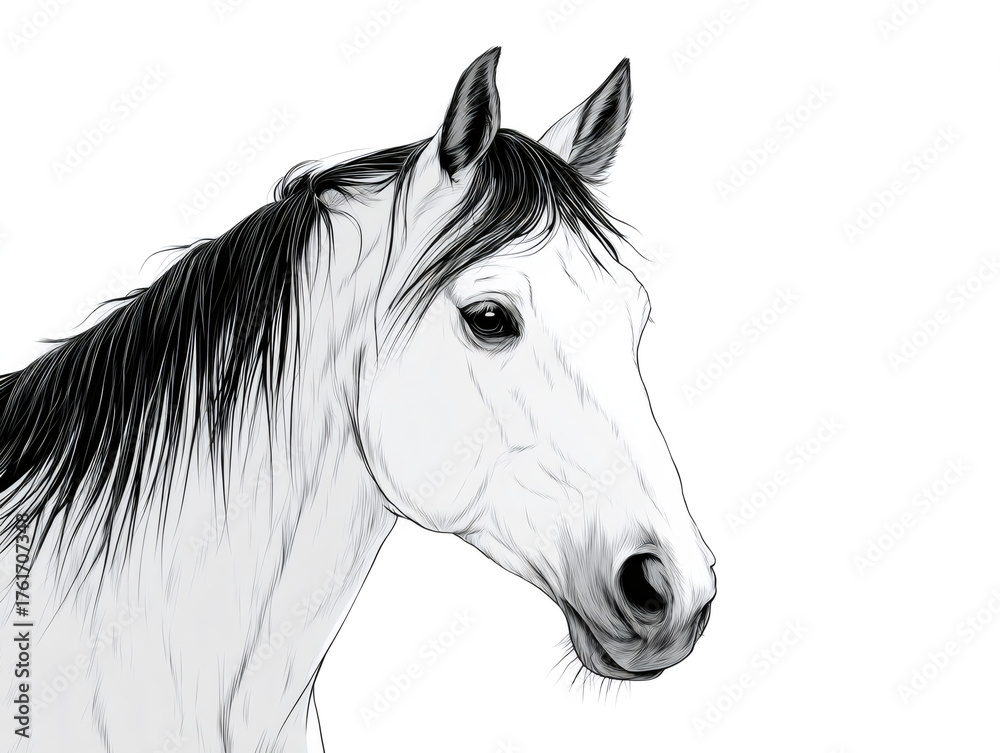 Fototapeta premium Horse head drawing looking right with mane