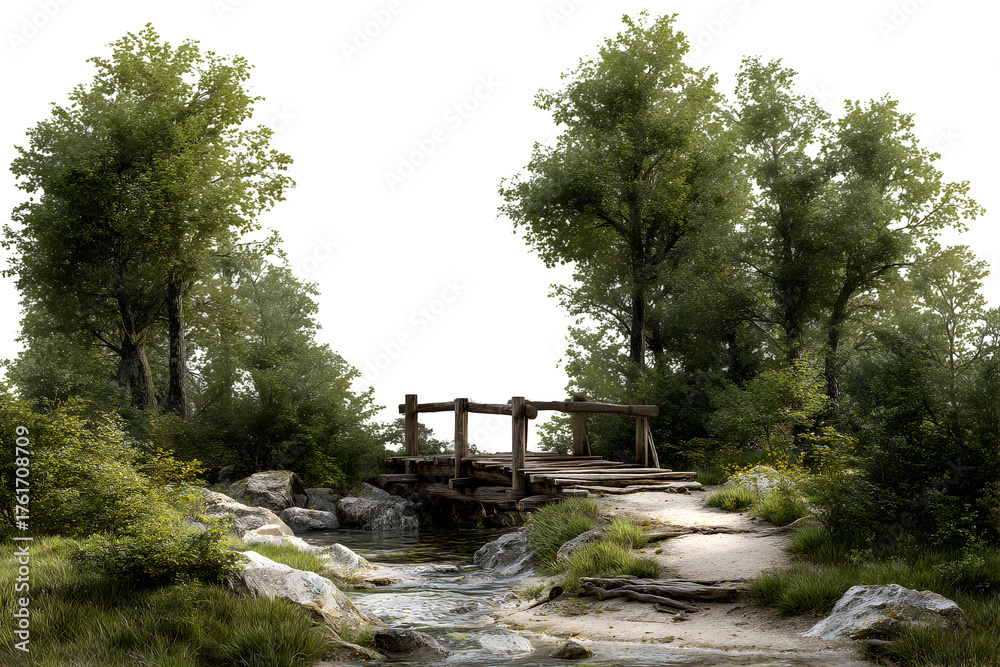 Fototapeta premium Wooden bridge crossing a forest stream surrounded by trees, isolated on transparent background