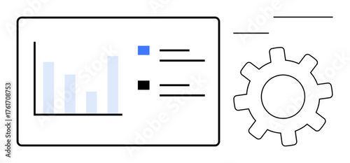 Bar chart and list elements in a display panel next to a gear icon. Ideal for analytics, process management, technology, workflow, efficiency, automation, and minimalism. Simple flat metaphor