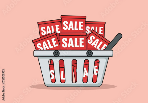 A white shopping basket overflowing with red sale boxes illustration.