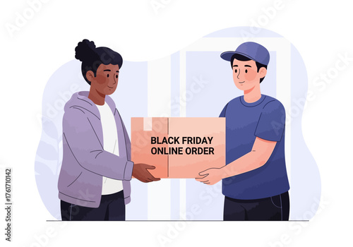 Delivery person hands over a black friday online order box to a customer.