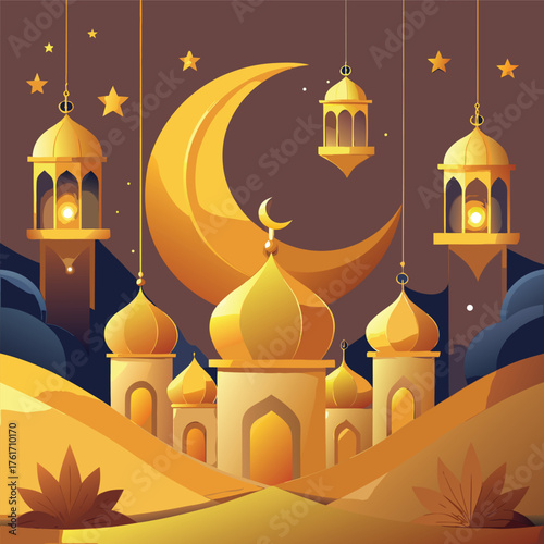 Golden Mosque with Crescent Moon and Star,Islamic Ramadan and Eid Mubarak Illustration
