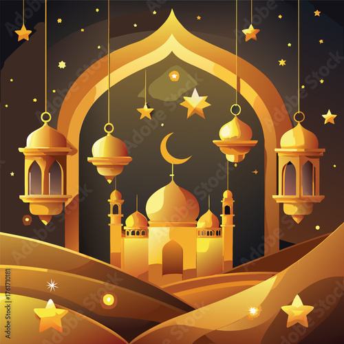 Golden Mosque with Crescent Moon and Star,Islamic Ramadan and Eid Mubarak Illustration