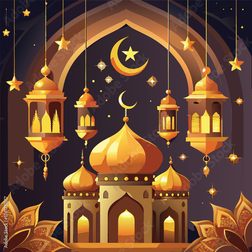 Golden Mosque with Crescent Moon and Star,Islamic Ramadan and Eid Mubarak Illustration