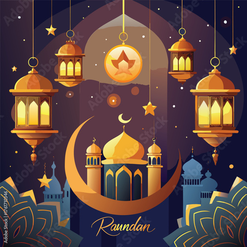 Golden Mosque with Crescent Moon and Star,Islamic Ramadan and Eid Mubarak Illustration