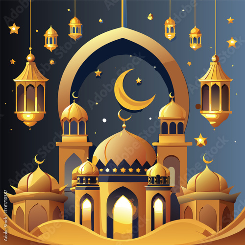 Golden Mosque with Crescent Moon and Star,Islamic Ramadan and Eid Mubarak Illustration