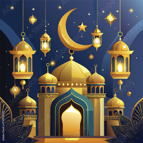 Golden Mosque with Crescent Moon and Star,Islamic Ramadan and Eid Mubarak Illustration