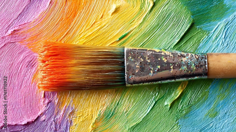 Fototapeta premium Close-up of a paintbrush spreading rainbow acrylics, leaving bold color streaks across a textured surface. Concept Rainbow acrylics, Close-up brushwork, Textured surface art, Bold color streaks