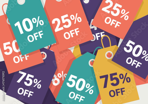 Various colorful discount tags with percentage off promotions for shopping sales.