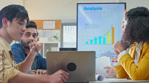 Diverse fintech innovators and multiethnic professionals collaborate in an agile hackathon workshop, integrating AI-powered analytics and adaptive business models to drive exponential growth, digital 