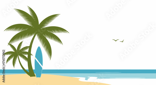 Tropical Beach Scene Palms Surfboard Seagulls Minimalist Design
