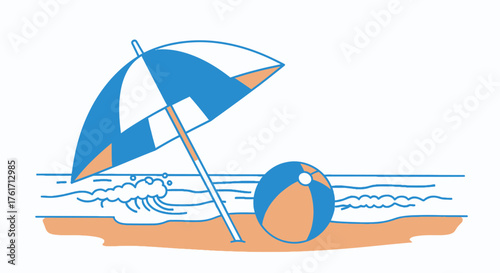 Coastal Charm Beach Day Vector Illustration with Umbrella and Ball
