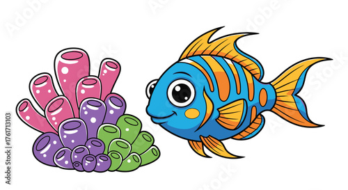 Cute Cartoon Fish with Colorful Coral Reef Illustration