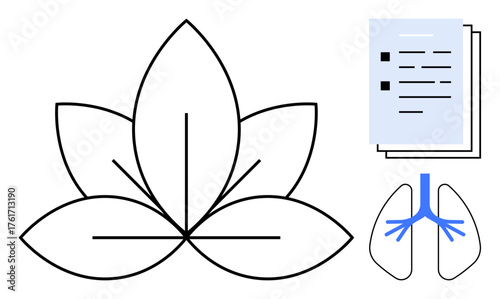 Lotus flower outline symbolizing balance, lung graphic representing health, and documents reflecting knowledge. Ideal for health, wellness, mindfulness, balance, medicine, education self-care
