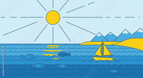Stylized Seascape Sunny Sailing Boat and Swimming Fish Illustration