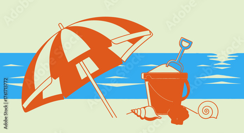 Beach Holiday Relaxation with orange Sunshade and sand bucket