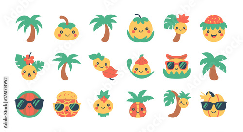 Tropical Cute Summer Cartoon Fruits and Palm Trees Vector Illustration