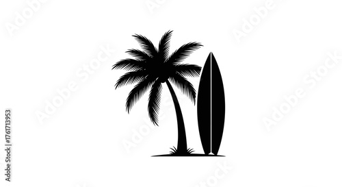 Island Life Minimalist Palm Tree and Surfboard Silhouette Art
