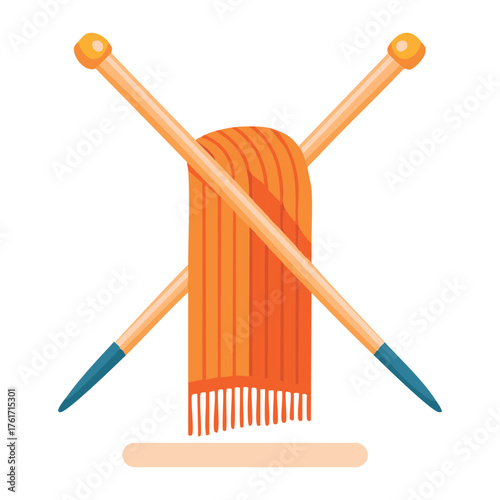 Knitting needles crossed with soft yarn in warm cozy craft style – handmade hobby vector illustration