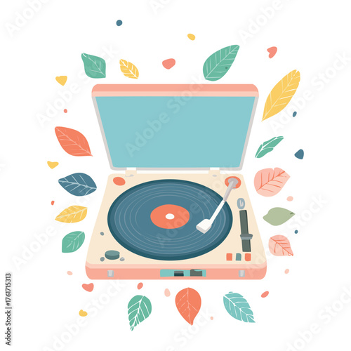 Vintage record player with vinyl disc and autumn leaves in a cozy retro style – music turntable vector illustration