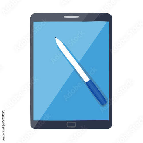 Modern digital tablet with stylus pen on blue screen – electronic device and technology gadget vector illustration