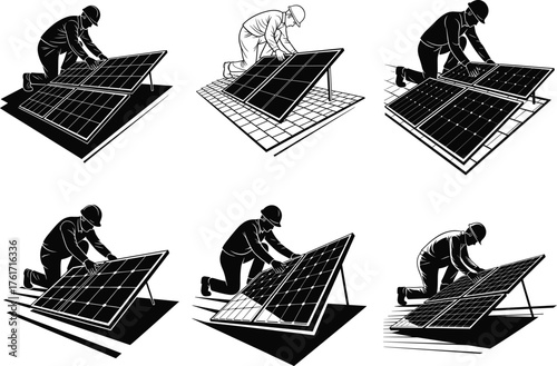 Solar panel installation, renewable energy workers, photovofriendly power, technician with helmet, sustainable electricity, solar engineering, rooftop solar system