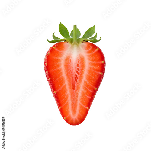 Wallpaper Mural Halved Strawberry with Vibrant Red Pulp and Green Leaves on Transparent Backdrop Torontodigital.ca
