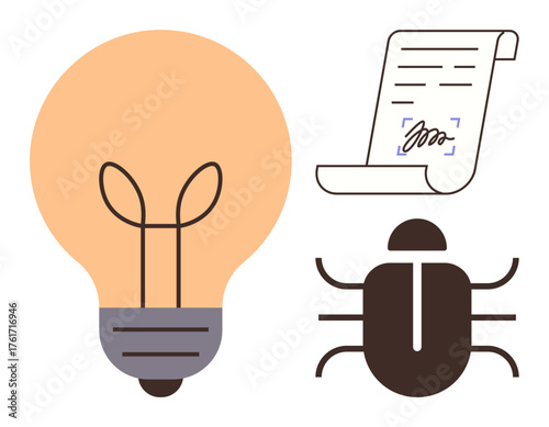 Lightbulb for creativity, document with signature for contracts, bug for debugging concepts. Ideal for innovation, agreements, solutions, tech, law creativity progress. Simple flat metaphor