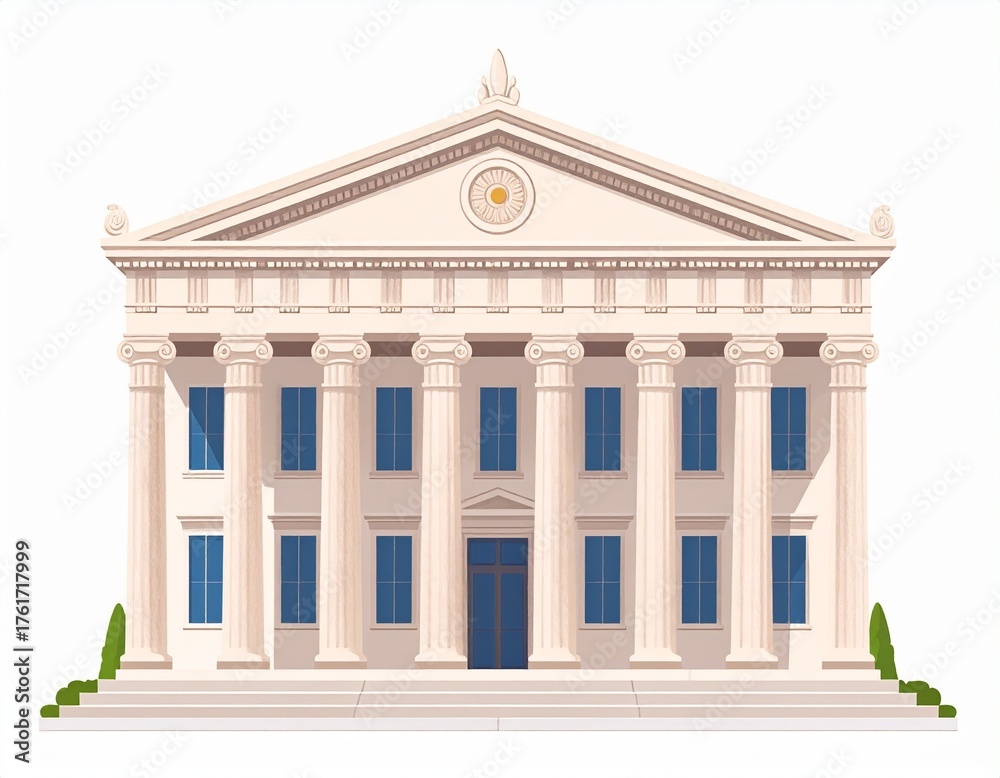 Obraz premium Elegant classical building vector illustration with grand columns, a prominent pediment, and steps, symbolizing government, justice, or financial institutions