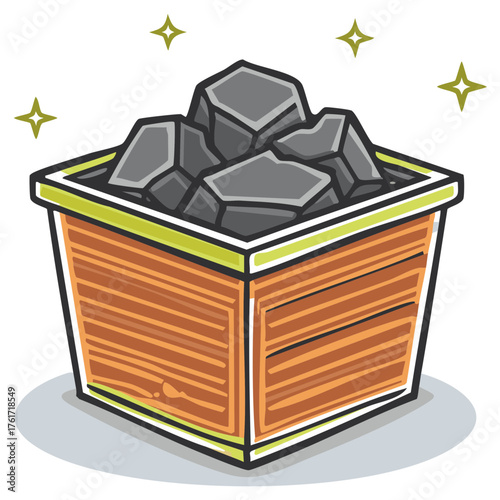 Wooden Box Full of Coal Nuggets Cartoon Style with Sparkling Stars Illustration