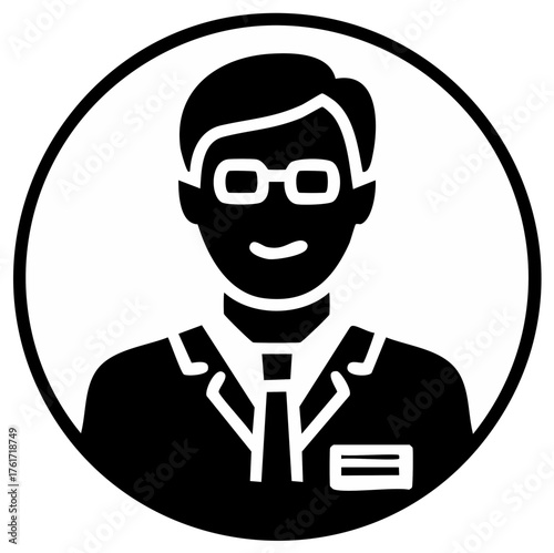 Male professional user avatar icon with glasses, lab coat, and tie
