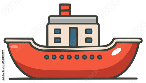 Red cartoon cargo ship with a white cabin and blue windows