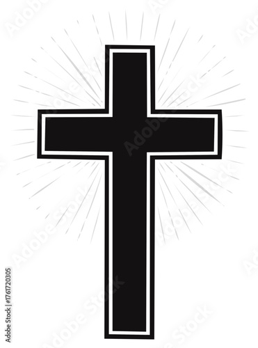 Bold Black Christian Cross with Rays of Light Spiritual Symbol