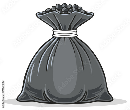 Cartoon depiction of a sack overflowing with black coal. Full bag tied with string. Pile of fuel, resource, vector illustration.