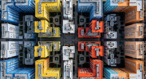Abstract aerial view of a vibrant, meticulously organized city block. Colorful modern architectural structures form a dense urban grid, highlighting innovative planning and contemporary design