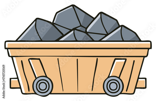 Cartoon Mining Cart Carries Rocks, Minerals, Ore. Transportation Vehicle Icon