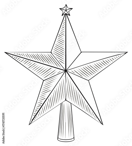 Vintage Christmas tree topper star line art illustration. Festive holiday decoration sketch for coloring book.
